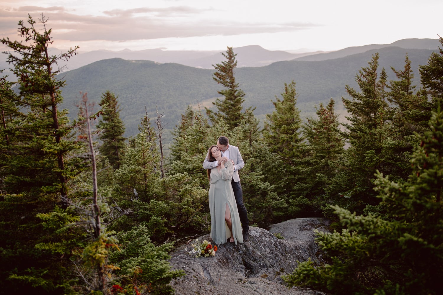 Couple Eloping at Sunrise on Mountain in Acadia National Park