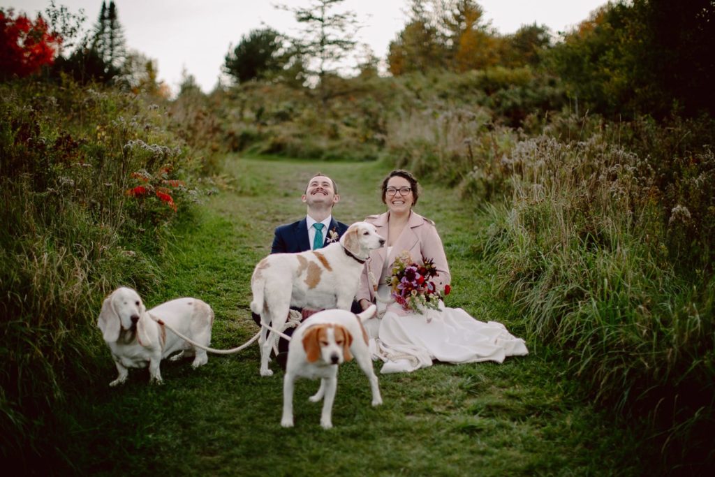 Couple Eloping in Fall In Vermont with Dogs