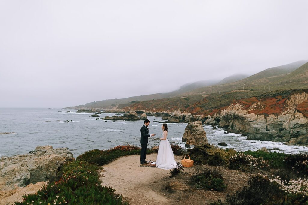 Bride and groom saying vows on the cliffs of Garrapata State Park