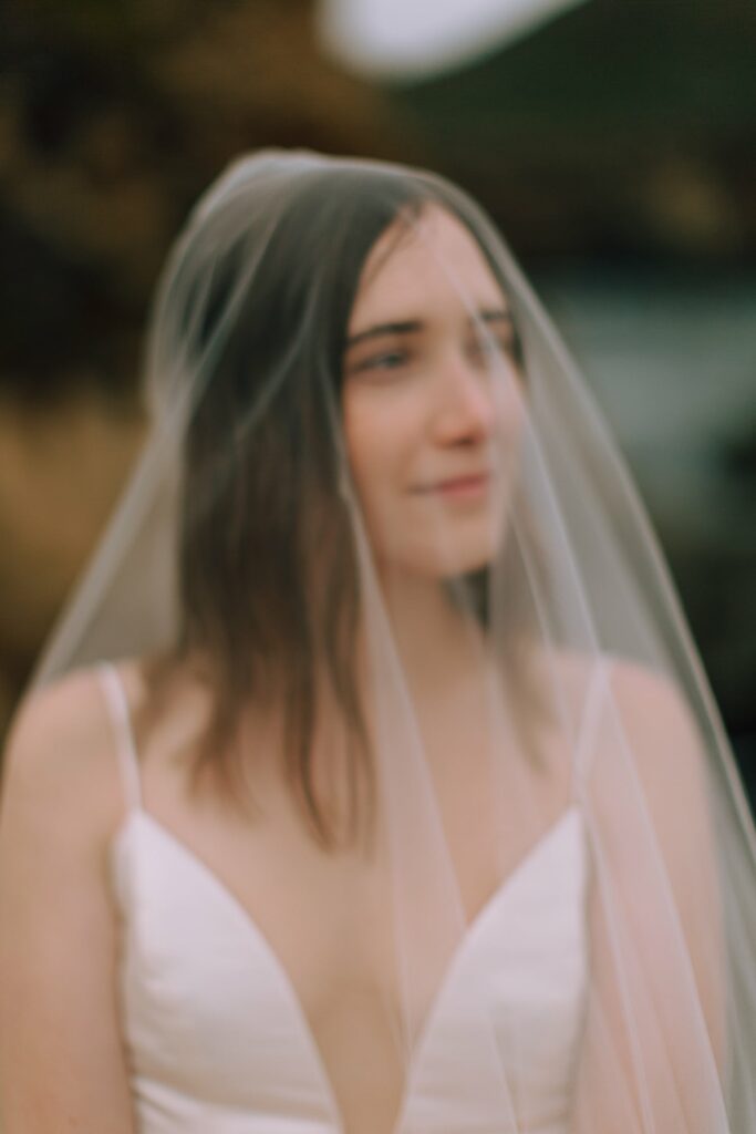 Up Close of Bride behind Veil in Big Sur
